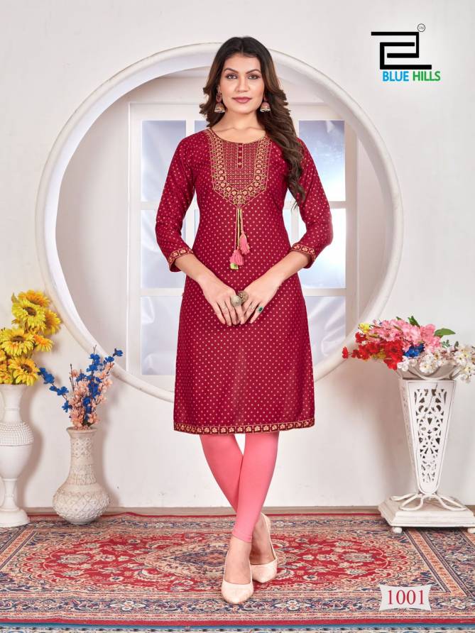 Priya By Blue Hills Rayon Foil Printed Plus Size Kurtis Wholesale Market In Surat With Price